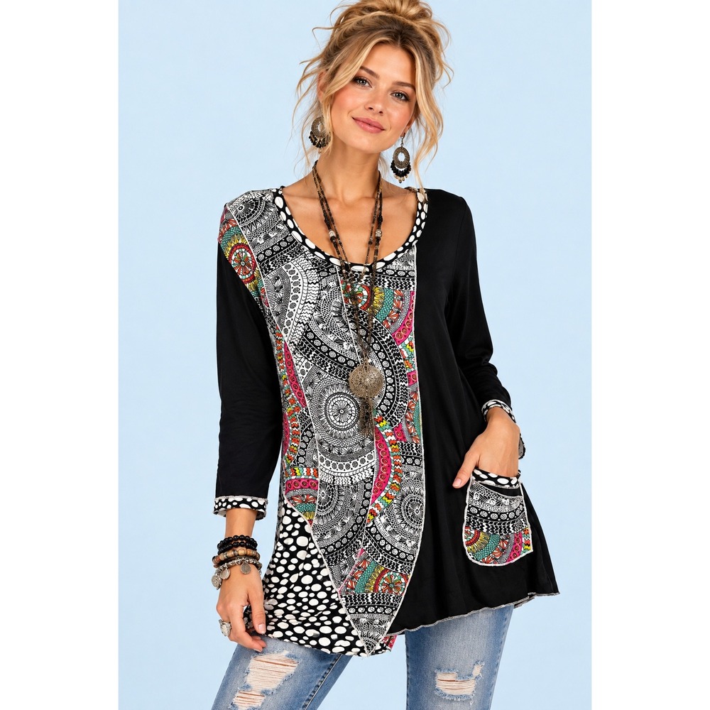 Parsley & Sage XL Tunic Top Black Multicolor Mixed Print Artsy Mandala Eclectic